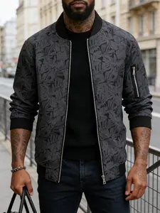 Men's Casual Baseball Collar Jacket, Zip Arm Decoration, Fashion Leaf Print Coat, 100% Polyester, Spring & Fall