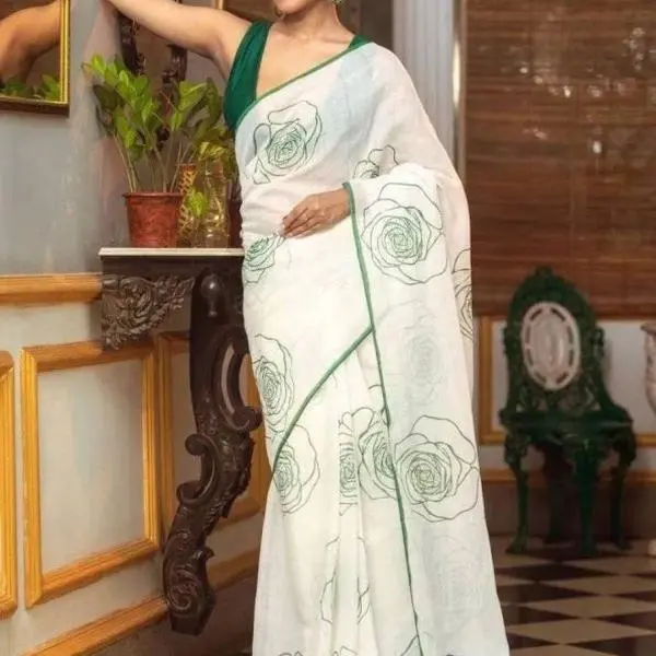 lightweight cotton saree with a large rose/floral print