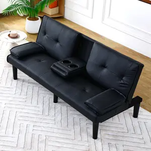 Futon Sofa Couch Bed, Faux Leather PU Folding Sleeper Sofa Bed Love Seat for 2 People, Mini Couch Sofa, Twin Futon Loveseat with Cup Holders for Bedroom, Black