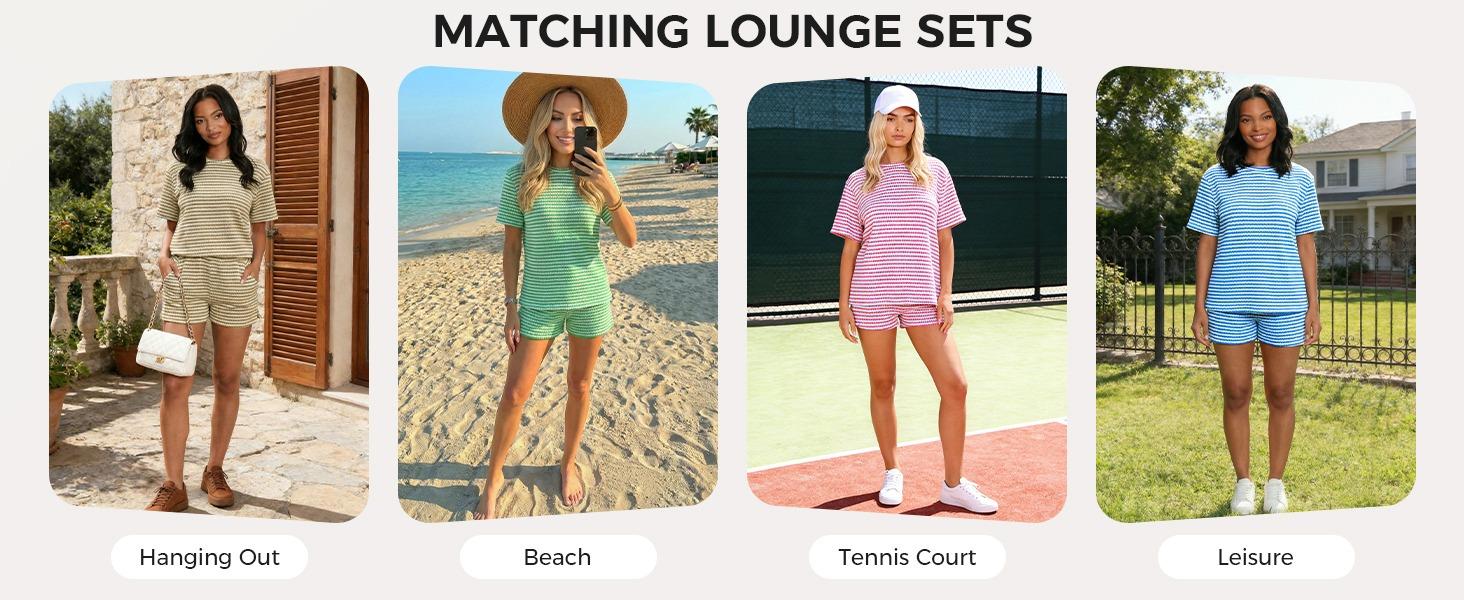 Fisoew Womens Striped 2 Piece Outfits Casual Short Sleeve Shirts Tops Knit Shorts Sets Workout Tracksuits Matching Sets