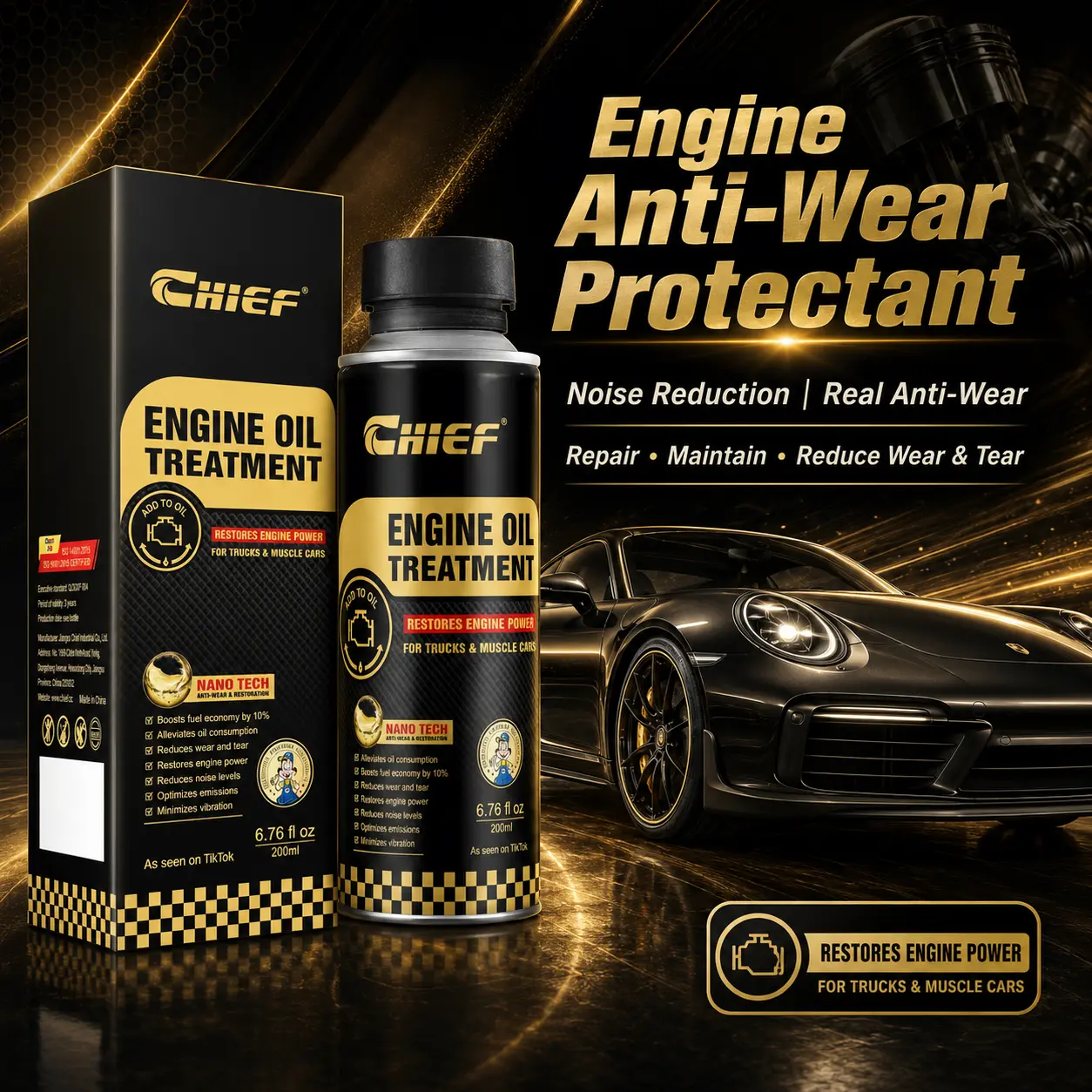 CHIEF Nano Tech Liquid Engine Oil Treatment - Durable Anti-Wear & Repair Protection, Long-Lasting Formula for Gasoline Cars & Trucks, Reduces Noise, Restores Power