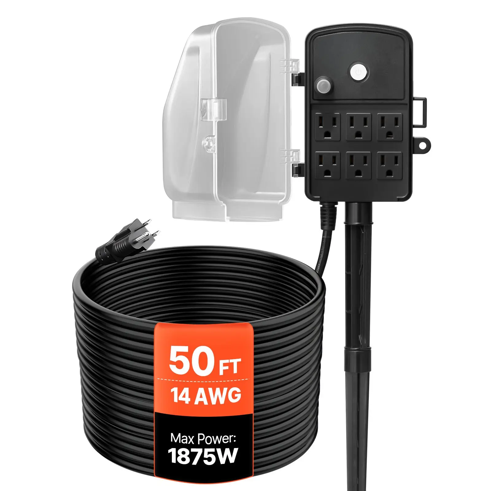 【Summerfinds】VEVOR Outdoor Ground Mount Power Stake with Grounded Cord, 50 FT Extension Cable, Waterproof PC Housing Power Strip with Protection Cover, 15A/1875W Overload Safety 6-Plug for Christmas Lights & Devices, Extension Cord, 14Awg Sjtw, Wired