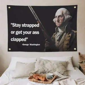2D Flat Banner Washington Stay Strapped or Get Clapped Flag, Cool Funny Flags for Room Guys, University Dorm Bedroom Wall Decor