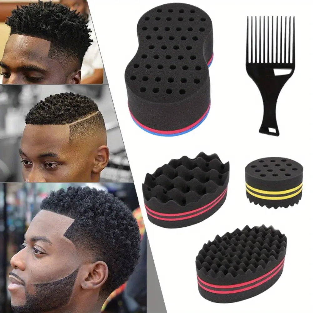 5-Piece Different Sizes Big-Hole Hair Sponge Brush Set, with Black Special Sponge Comb, for Beauty & Personal Care Hair Styling