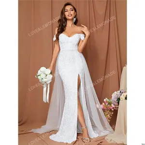 White Dress Wedding Sequin Thigh Shoulder LOVE LEMONADE Off Split Mermaid Elegant Bridal