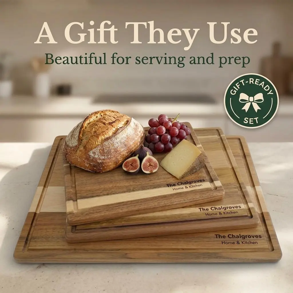 The Chalgroves 3-Piece FSC-Certified Indonesian Mangium Acacia Wooden Cutting Board Set - 0.8" Thick Chic Natural Food-Grade Non-Toxic Kitchen Chopping Boards, Juice Grooves, Warp-Resistant, Knife-Friendly, Includes Oil, Natural Chopping Boards