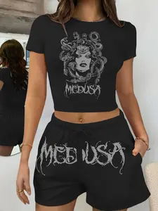 Women's Casual Everyday 2-Piece Set, Snake Woman Medusa Print Crop Top and Loose Fit Shorts, Comfortable Slim-Fitting Fashion for All Seasons