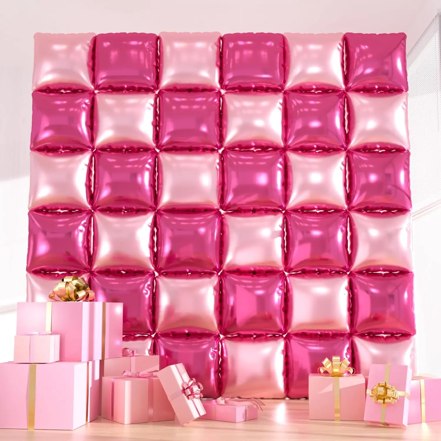 Shiny 36pcs Hot Pink Square Glossy Plastic Foil Balloons - Double-Sided Magenta Aluminium Mylar Balloons with 5pcs Plastic Pipe for Photo Backdrop, Wall Decor, Bachelorette Party