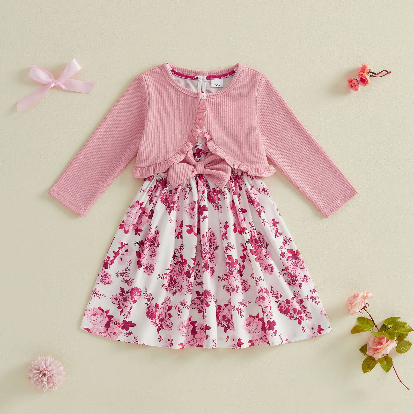 Kid Girl Fall Outfit Ruffle Trim Long Sleeve Cardigan Flower Print Sleeveless A-line Tank Dress with Bow 2 Piece Set