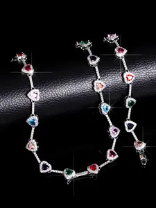 Exquisite Copper Zircon Love Heart Necklace & Bracelet Set, Colorful Sparkling Jewelry for Men & Women, High Quality Blingbling Accessory, Fashionable Jewelry Set