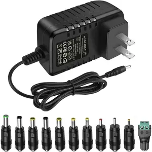 Universal 12V 2A 1A Power Supply AC Adapter with 11 Changeable DC Plug Tips AC to DC12V Power Cord for LED Strip Light CCTV Camera BT Speaker GPS Webcam Router DC12V Wall Plug Charger 6FT