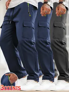 Men’s cargo pants with zipper pockets (set of 3): spring/autumn style, drawstring elastic waistband, large side pockets, straight-leg design. Suitable for everyday casual wear and sports, a work essential. Loose fit, reinforced stitching, comfortable wais