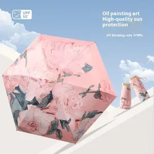 Portable Folding Umbrella, 1pc Floral Pattern Oil Painting Umbrella, Sun Protection Umbrella, UV Blocking Umbrella for Outdoor Activities, Lightweight Foldable Umbrella, Portable Foldable Umbrella