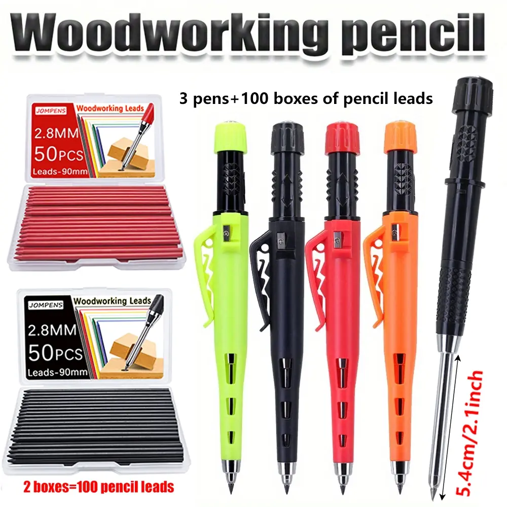 2.8mm leather grip mechanical pencils set, Drawing Supplies, Woodworking Pencil, Construction Pencils, equipped with black/red replaceable refills, designed specifically for deep hole marking and drawing by carpenters and engineers (3 pens+100 refills)