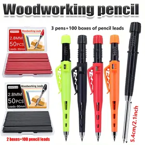 2.8mm leather grip mechanical pencils set, Woodworking Pencil, equipped with black/red replaceable refills, designed specifically for deep hole marking and drawing by carpenters and engineers (3 pens+100 refills)
