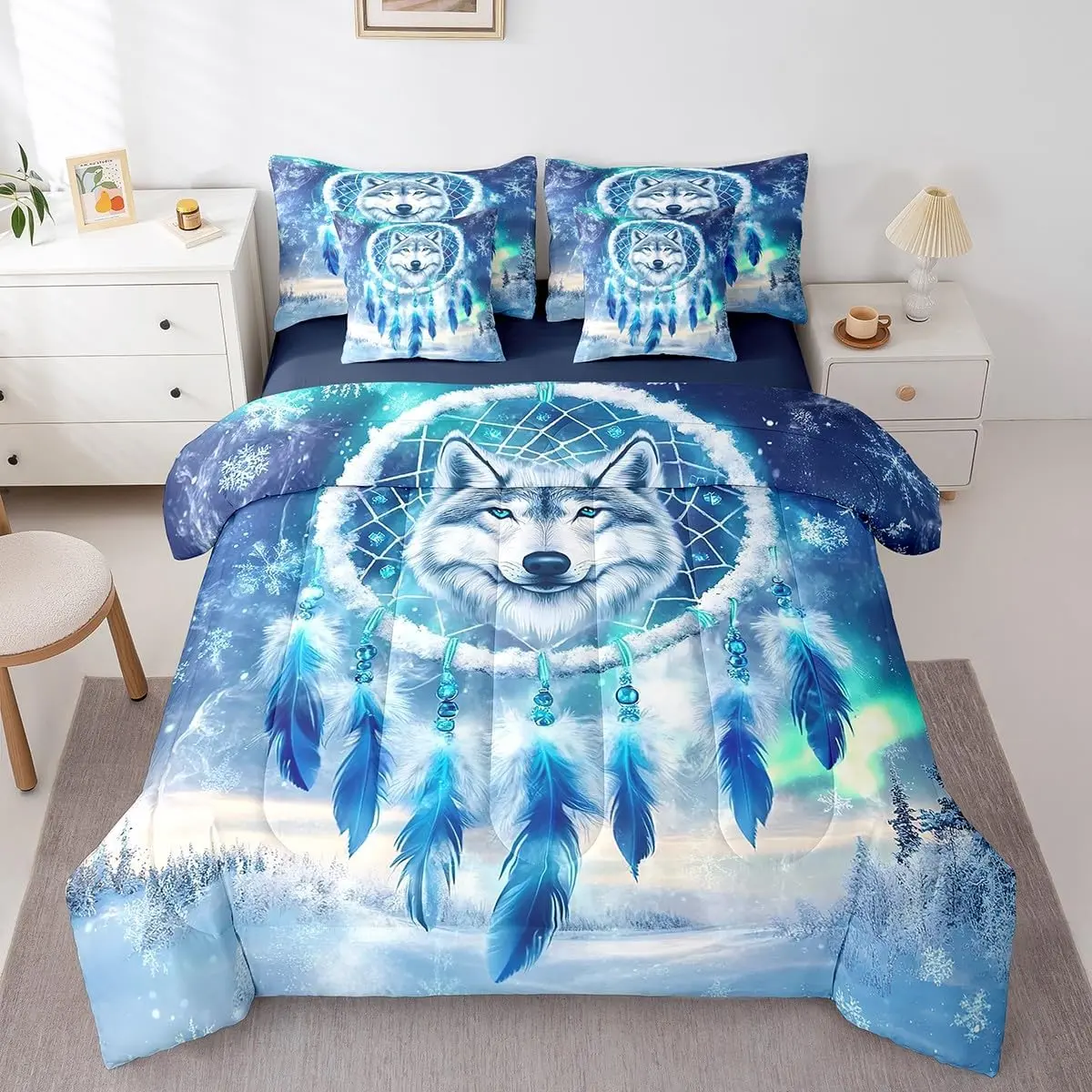 Wolf Comforter Set with Sheets Wolves Howling Feather 7 Pieces Bedding Set Animal Wolves Bed in a Bag Mountain Moon Wolf Snowflake Bed Set Winter