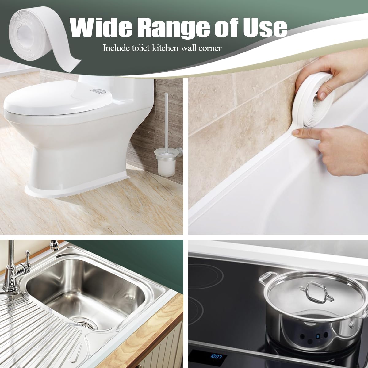 Waterproof Self-Adhesive Caulk Tape (1.5" Wide Coverage x 10.5Ft Long Run) - PVC Sealing Tool with Waterproofing, Built for Bathroom Moisture Exposure, Kitchen Edge Seal, Flexible Seal for Toilet Base