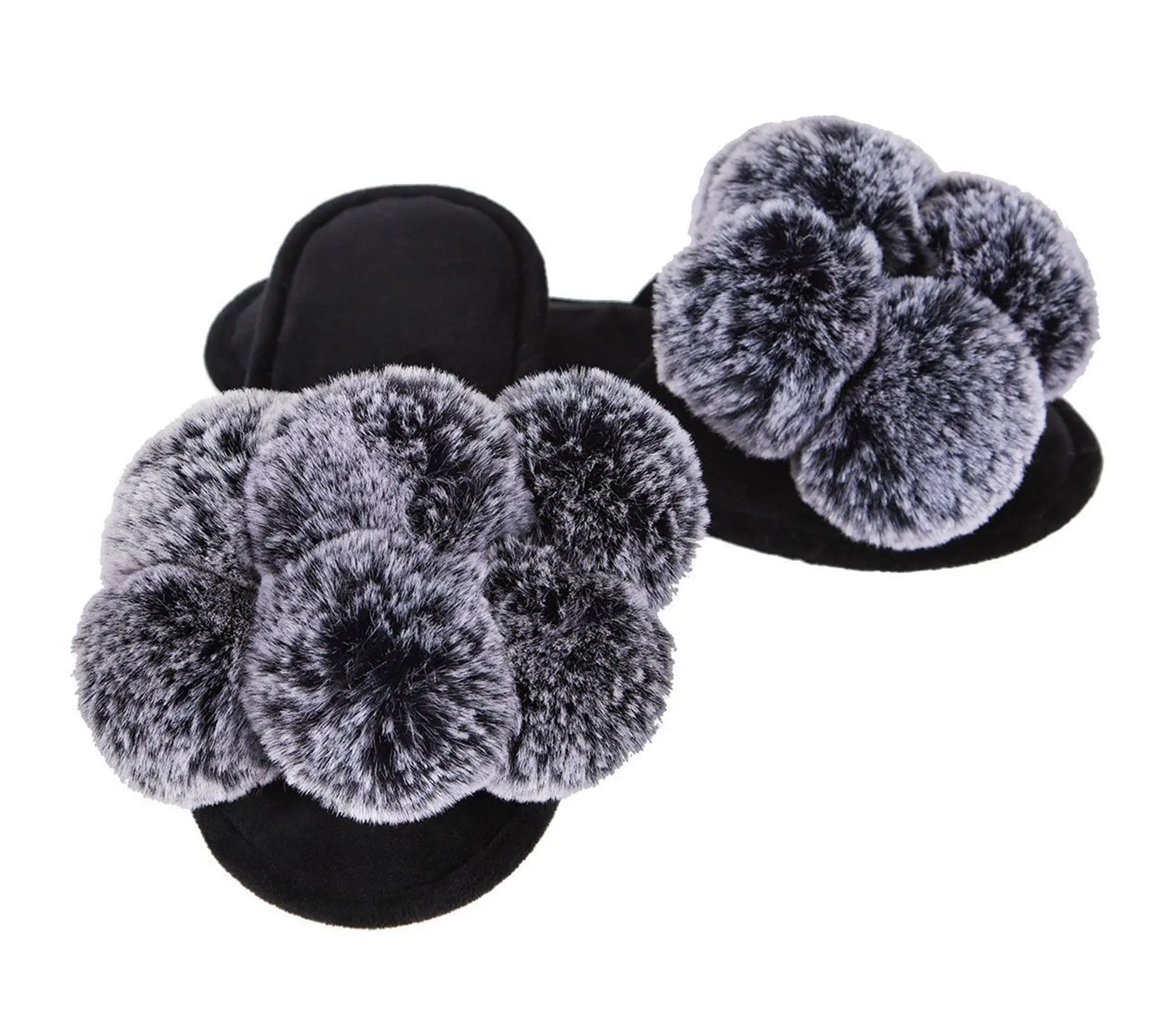 Memoi Luxe Pom-Pom Open Toe Plush Slippers Memoi Luxe Pom-Pom Open Toe Plush Slippers