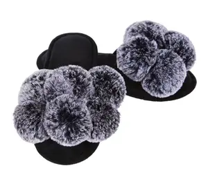 Memoi Luxe Pom-Pom Open Toe Plush Slippers