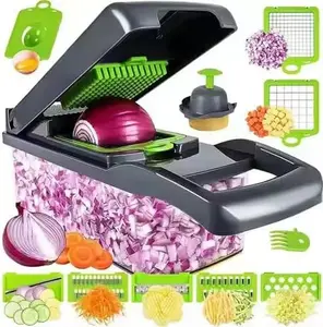 16-in-1 Stainless Steel Vegetable Chopper & Onion Slicer, Multi-Functional Mandolin Slicer with Container for Dicing, Grating Carrots, Garlic, Gray Kitchen Utensil