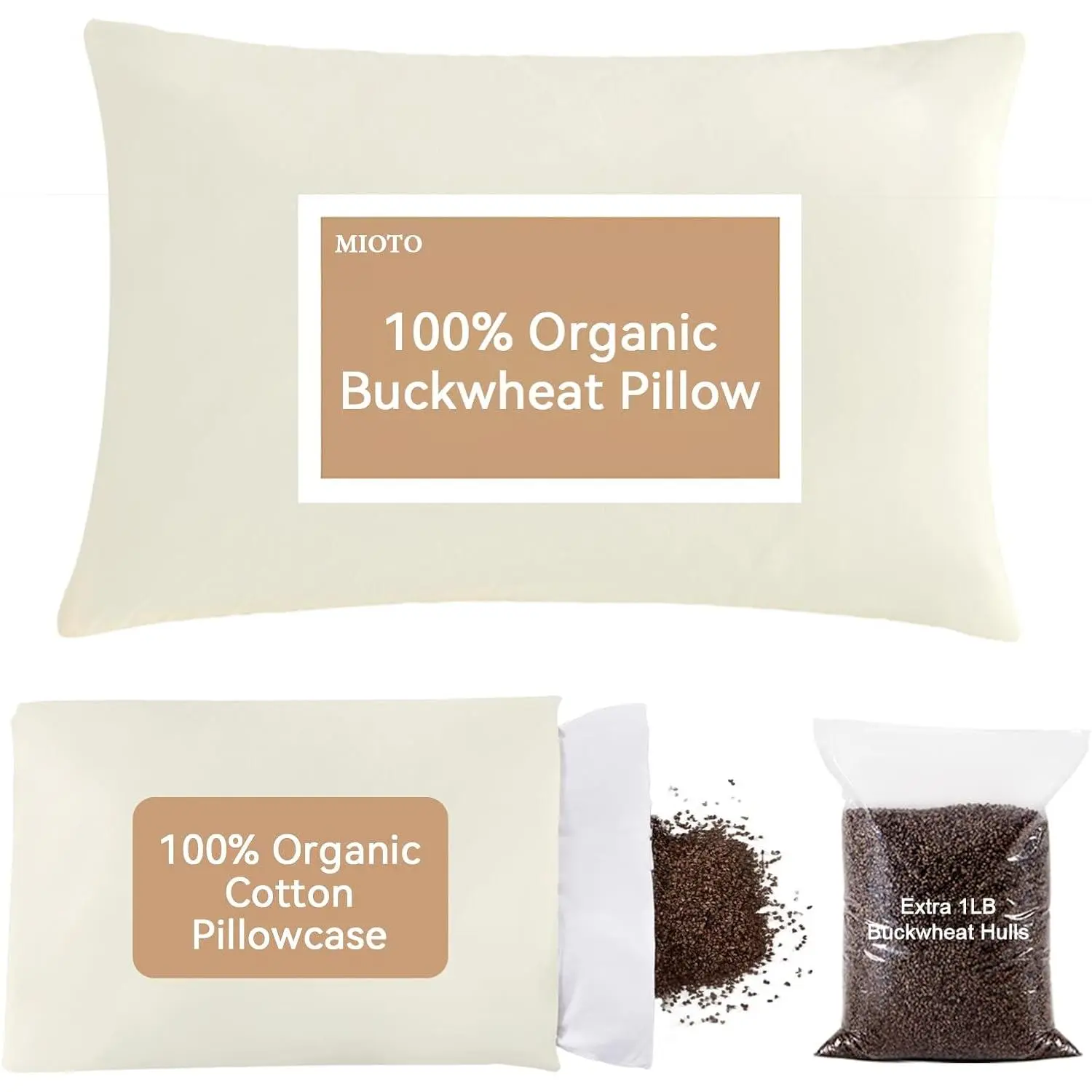 Organic Buckwheat Pillow for Firm Neck Support, 14"x20" Adjustable Height for Back and Side Sleepers with a Dual-Layer Pillowcase