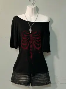 Women's Summer Short Sleeve Asymmetrical Shoulder Top, Casual Comfortable Bone Print Tee, Essential Wardrobe Must-Have Loungewear, Womenswear