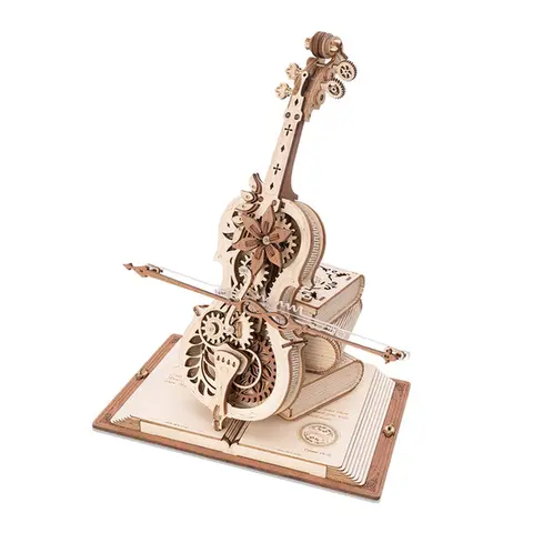 ROKR 3D Wooden Handmade Puzzle Cello Music Box Kit - Self-Assembly Wood Model, Retro Aesthetic, Automatic Rotation, Background Music, European Pattern, Magic Book Shape, 9.2x8.1x7.3in STEM Project for Kids, Instruction Booklet
