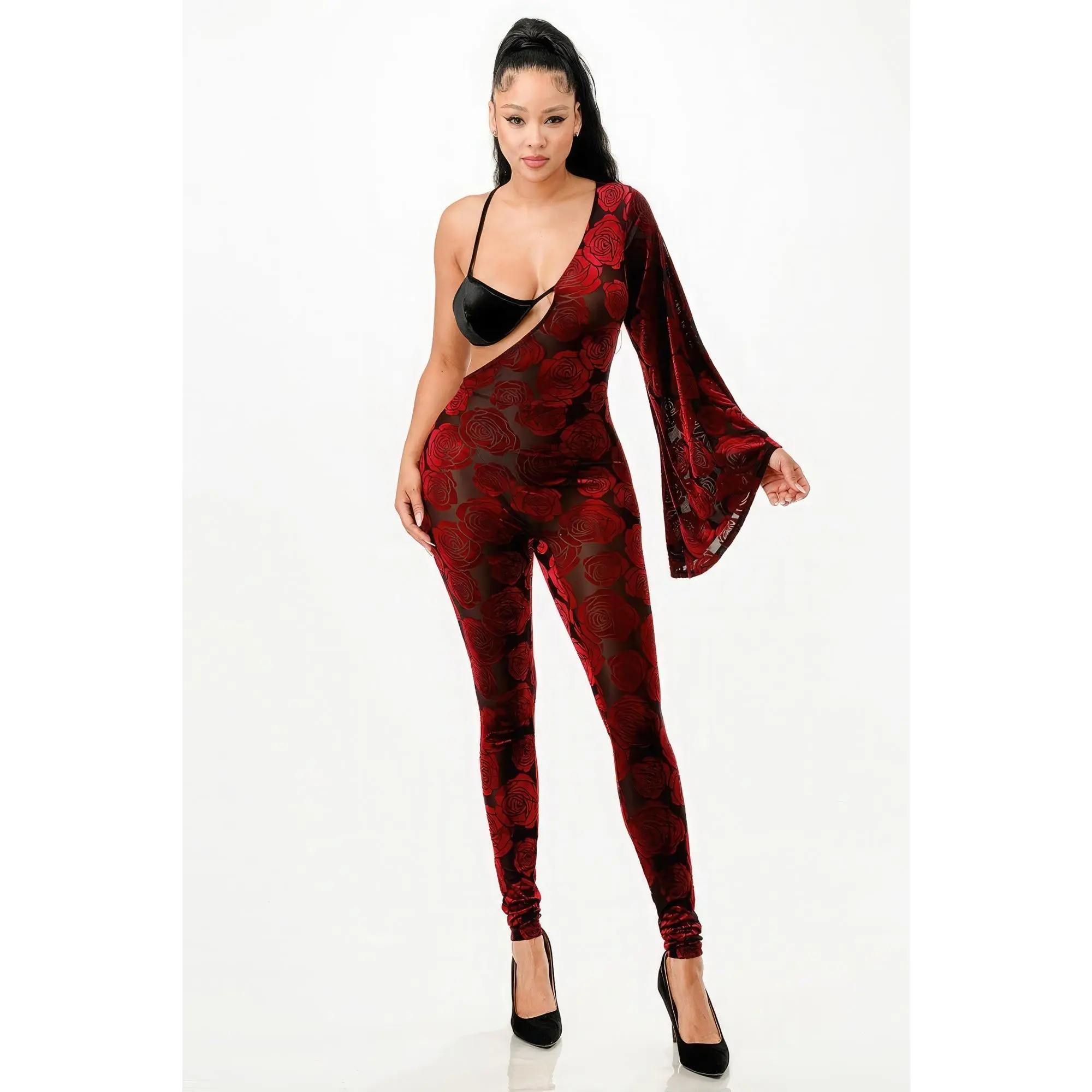 Women's Chic Fashion Velvet Flocking Jumpsuit with Bell Sleeves, Skinny Fit, Built-in Bra, Spandex
