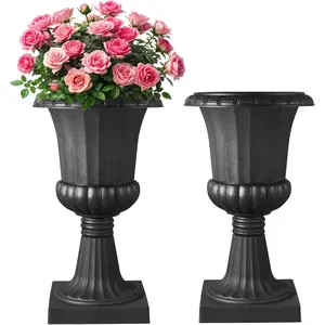 Spring new arrivals Plastic Urn Planters, 15.8 x 26.4 Inch, 2 Pack Black Classic Flower Pots Front Porch Planters, Indoor & Outdoor Vase for Wedding, Party, Event, Home, Stage, Garden, Balcony, Patio Decoration
