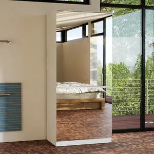 FUFU&GAGA Wardrobe Armoire Closet with Full Length Mirror, Freestanding Cabinet with Hanging Rod & 2 Shelves, Bedroom Storage Clothes Organizer, White Furniture Wood Modern Home Design Aesthetic