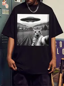 Men's Cat Print Round Neck Tee, Regular Fit Casual Drop Shoulder Short Sleeve T-shirt, Men's Summer Top for Daily Wear