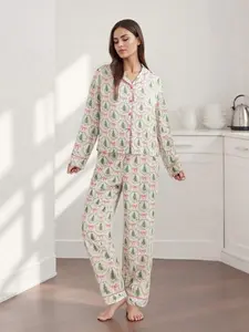 Women Christmas Pajama Set, 2-Piece Loungewear With Bow/Santa/Tree Print, Long Sleeve Top And Pants Holiday Sleepwear