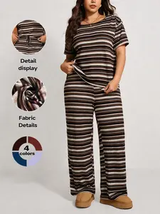 Women's Plus-Size Retro Striped Drop-Shoulder T-Shirt and Pants Set, Comfortable Home and Casual Wear