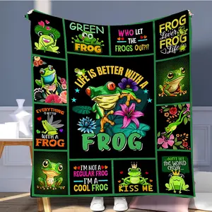 Cartoon Frog Pattern Slogan Print Blanket, Soft Comfortable Warm Throw, Cool Bedroom Bedding Blankets, Air-conditioned Room Blanket, Warm Nap Blanket for Home & Office