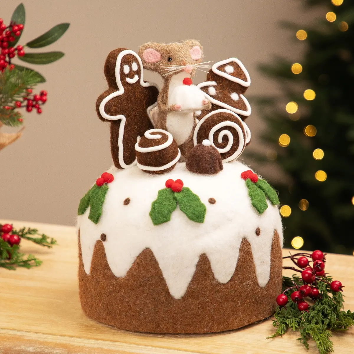 360 Stand Christmas Cake Decoration - 11 in. Brown & White Mouse, Gingerbread Man, Chocolate, Berry Ornaments with Tree & Tail Accents, Decorative Cake Cake & Cupcake Toppers