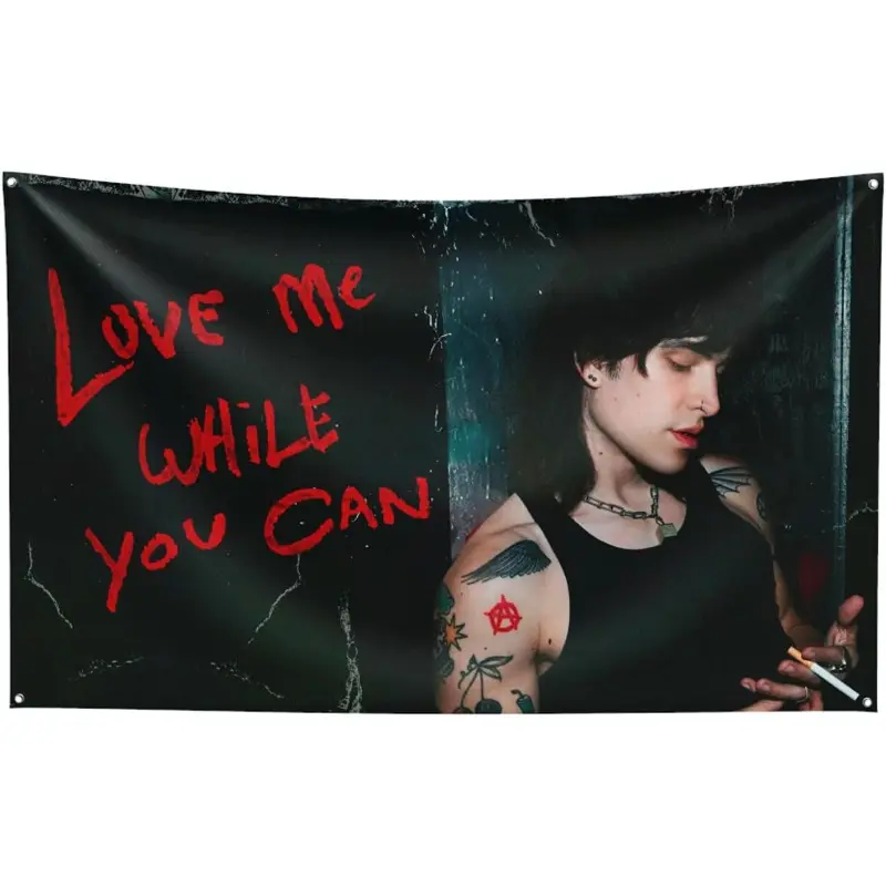 Jake Webber Flag 3x5ft - Edgy Rockstar Aesthetic Wall Tapestry with "Love Me While You Can" Text, Tattooed Man Design, Perfect for Bedroom, Man Cave, or Festival Room Decor, Festive Room Accessory |   Tattooed Man Design