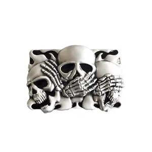Vintage Style Black Enamel Flame Shy Skulls Tattoo Belt Buckle