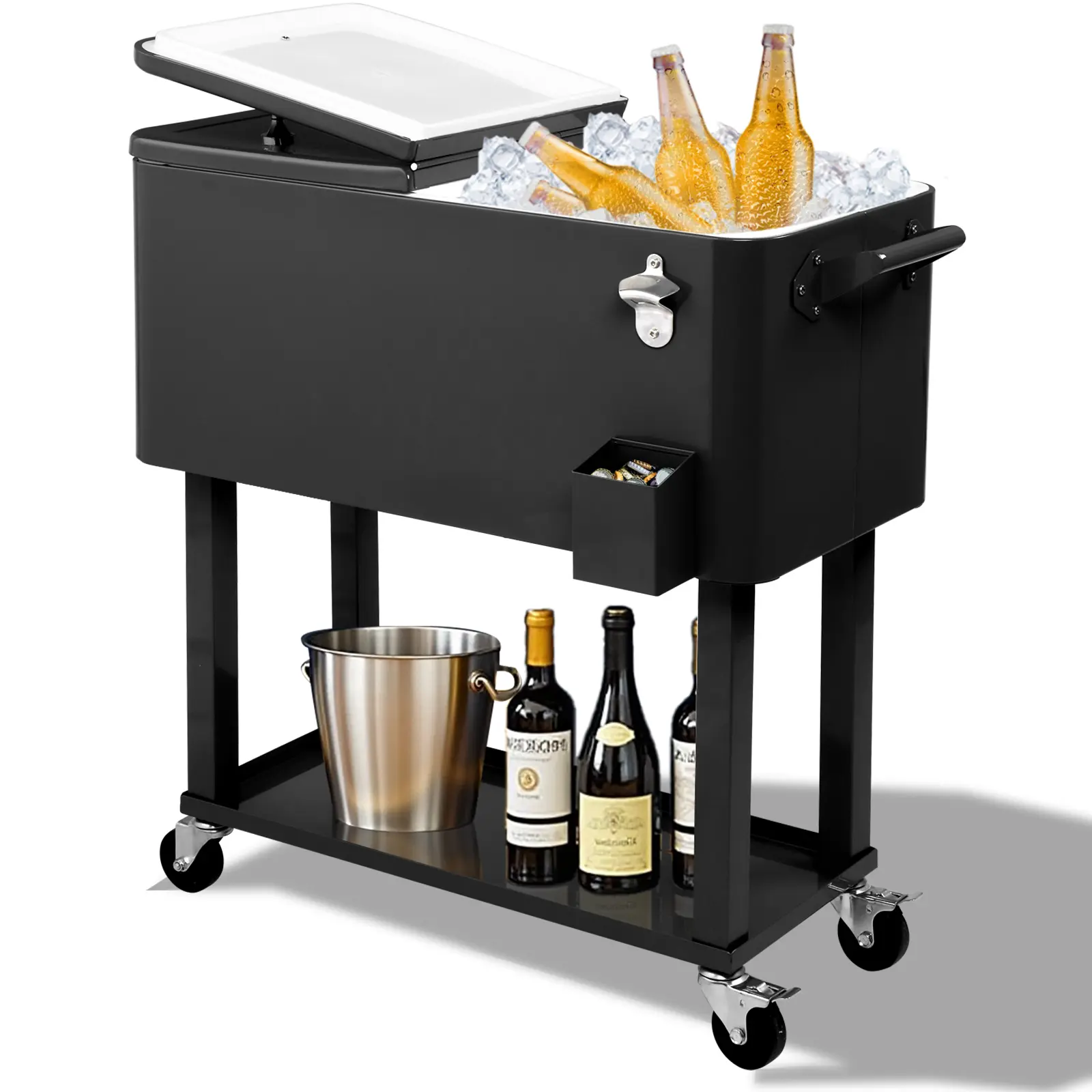 80QT All-Black Rolling Outdoor Cooler Cart - Heavy-Duty Insulated Ice Chest with Warming-Cooling Functions, Wheels, Drain Plug, and Storage Tray