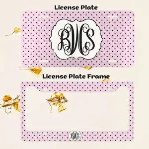Pink Polka Dot Monogram License Plate and Plate Frame Personalized Car Tag Cute Girly Car Accessories Preppy Aesthetic Gift for Women