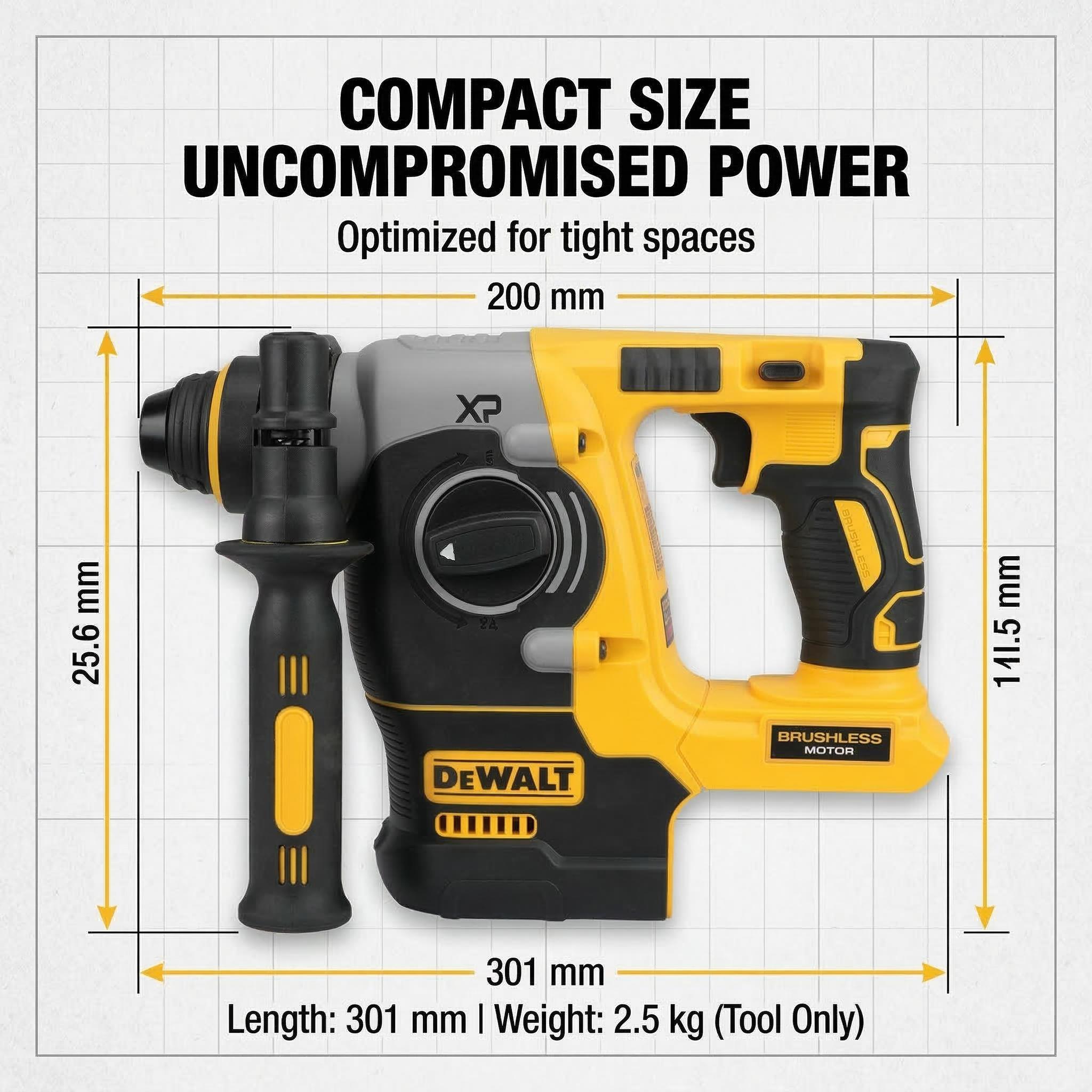 Dewalt DCH273 20V Brushless Rotary Hammer Kit – 2.4J Impact Energy for 4-12mm Concrete Drilling – 360° Auxiliary Handle & Variable Speed (0-4600 BPM)