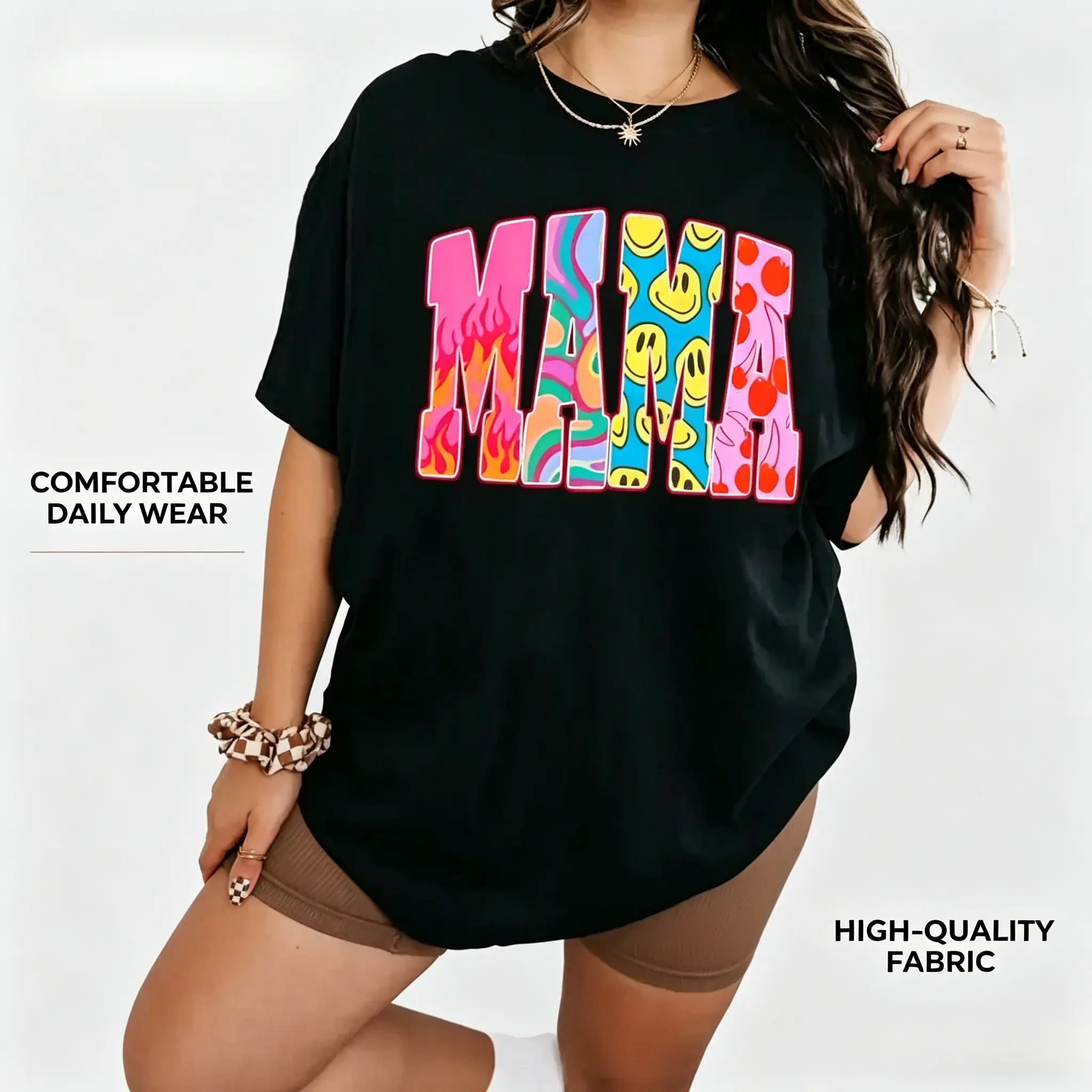 Women's Retro Groovy Mama Graphic Top - Slim, Soft Fabric Everyday T-Shirt Sweatshirt