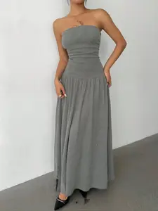 Elegant European Style New Solid Dress, Halter Neck Sleeveless Shoulder Exposure Loose Fit Long Dress, All-Season Fashion for Women