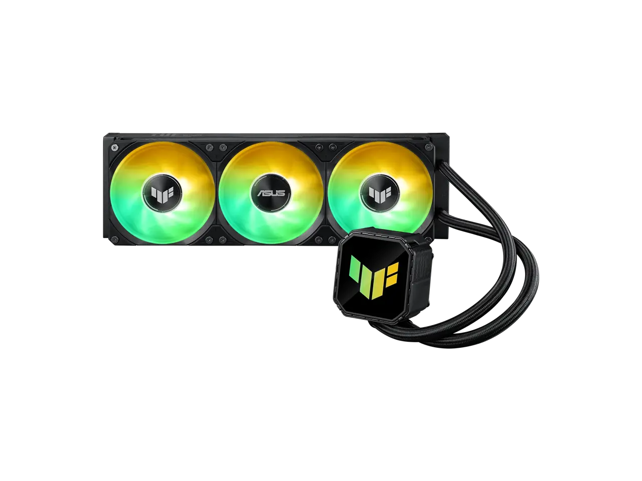 ASUS TUF Gaming LC III 360 ARGB LCD with pre-installed & integrated triple fans designed for high airflow and static pressure; 2.8" LCD for hardware monitoring, custom GIFs and MP4 video clips