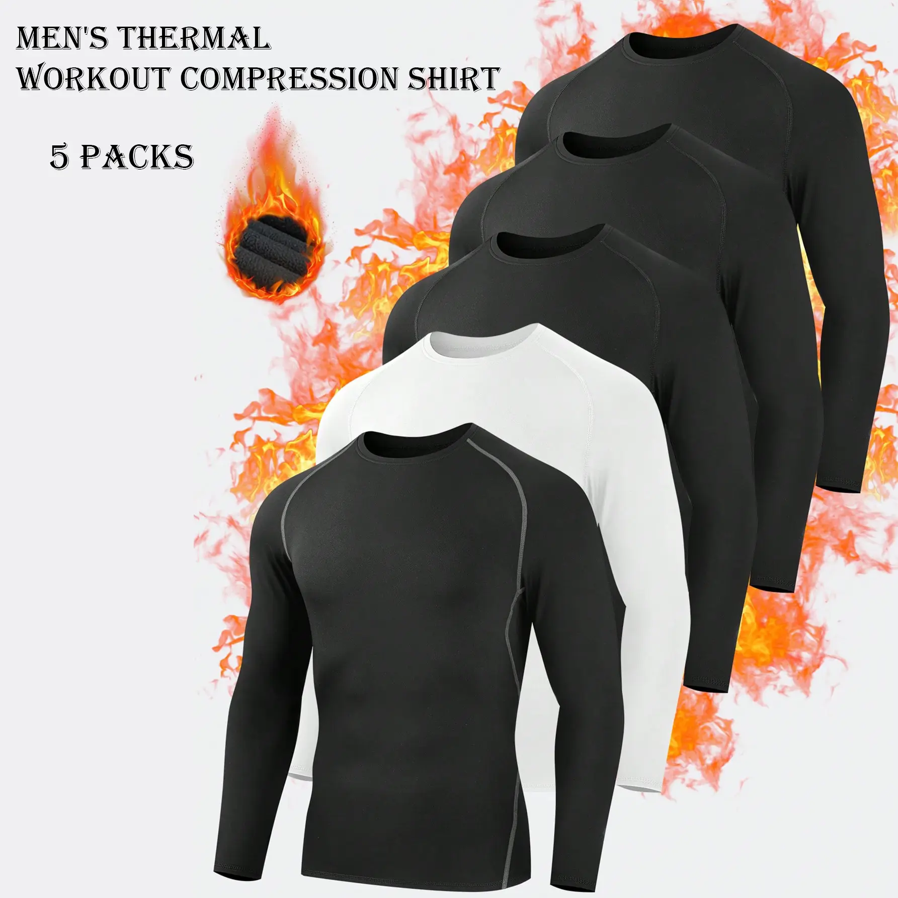 5 Pack Men's Thermal Compression Shirts Workout Long Sleeve Tops Fleece Lined Long Sleeve Athletic Base Layer Cold Weather Gear Workout Tops For Skiing Cycling Gym Football Sports summerwins