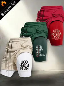 Men's American High Street Style Faith Print Dual Layer Gym Shorts, Multi-Color Slogan Prints, Drawstring Waist, Gym/streetwear, Adjustable Waist