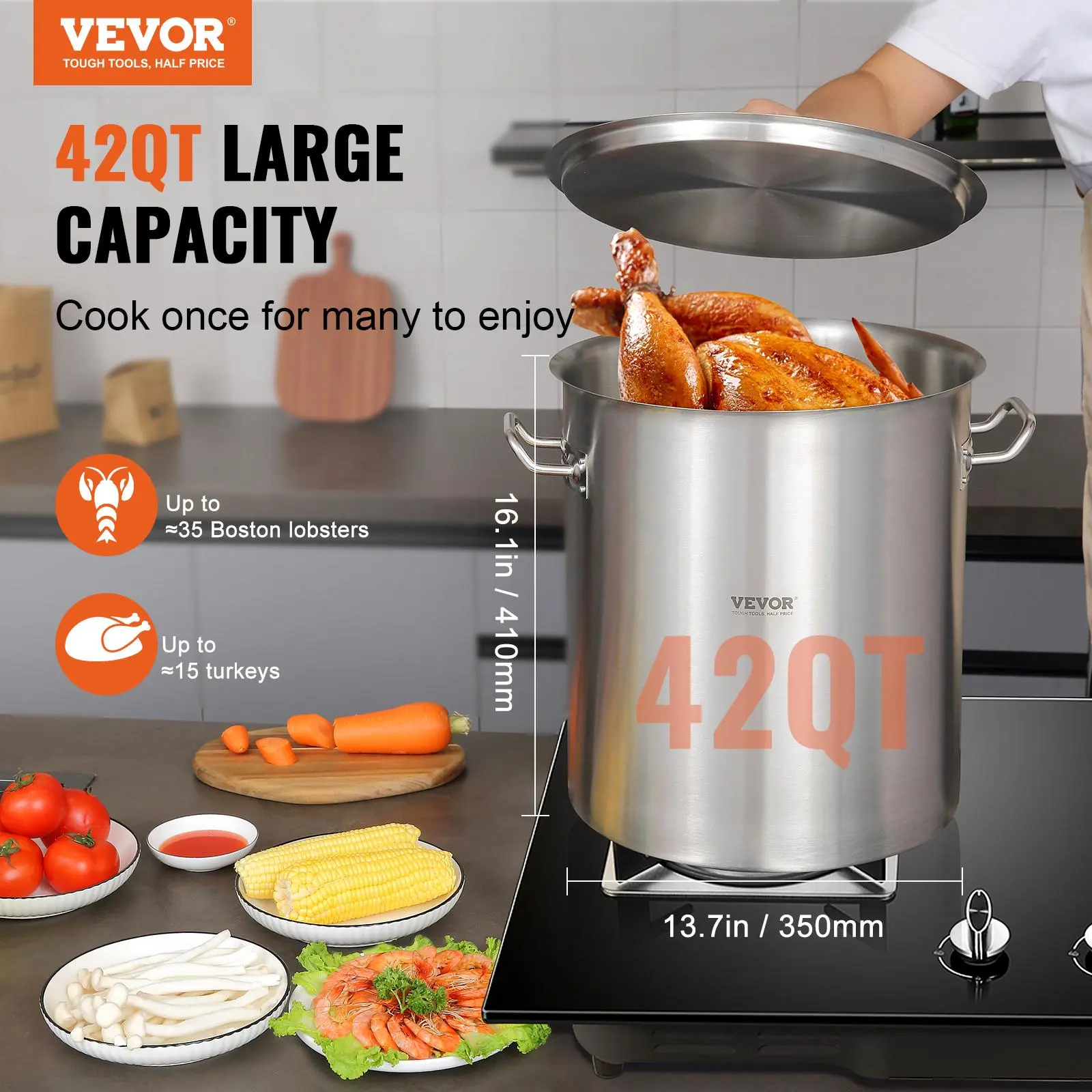 VEVOR Stainless Steel Stockpot,  42 Quart Large Cooking Pots, Cookware Sauce Pot with Strainer, Lid, and Handle, Heavy Duty Commercial Grade Stock Pot, Sanding Treatment, for Large Groups Events Silver