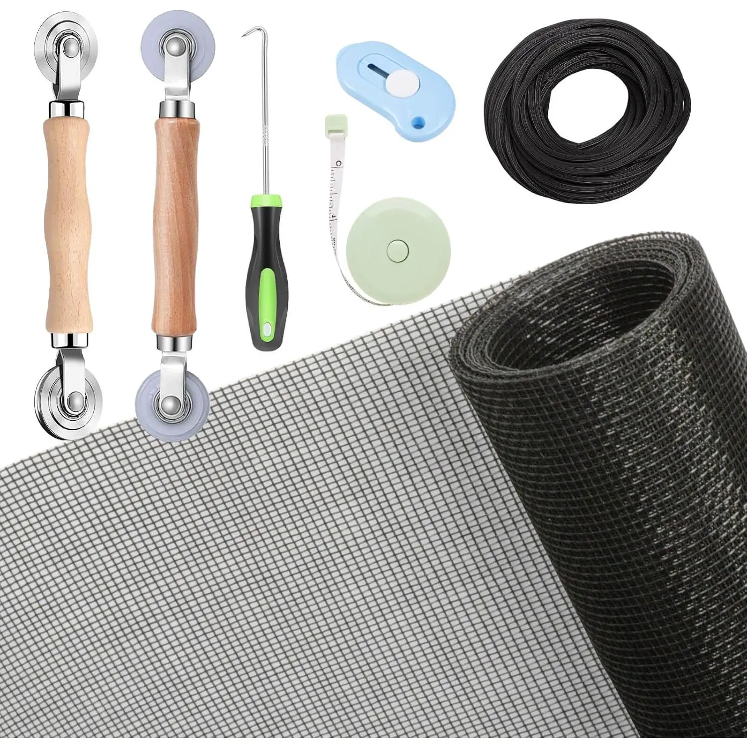 Windows Screen and Screen Door Repair Kit, 48"x118" Charcoal Fiberglass Mesh with Rolling Tool/Hook/Ruler//Spline - Window Screen & Sliding Screen Door Replacement for Windows,