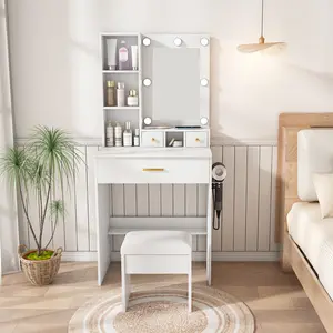 Vanity Table with Mirror & Adjustable LED Lights, Built-in Power Outlet and Hairdryer Holder, Compact Dressing Desk with Drawers, Shelves & Stool for Small Bedrooms