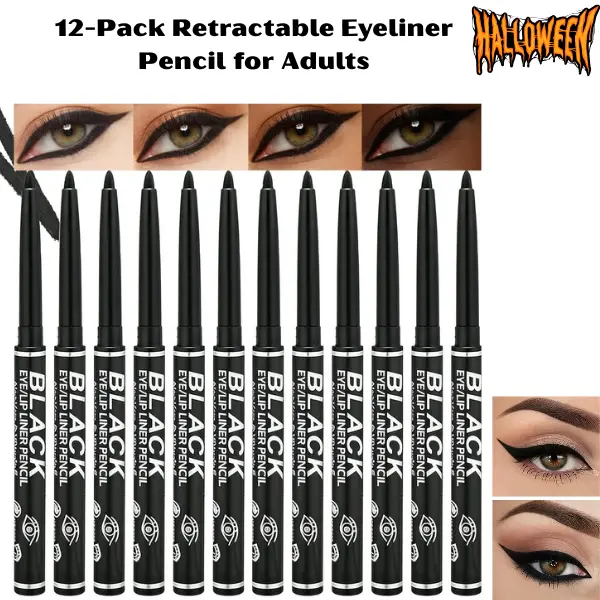 12-Pack Retractable Eyeliner Pencil for Adults - Waterproof, Smudge-Proof, Long-Lasting, Blendable, Non-Toxic, Alcohol-Free, Fast-Drying Matte Black Makeup, Suitable for Waterline & Eyebrows Lipliner