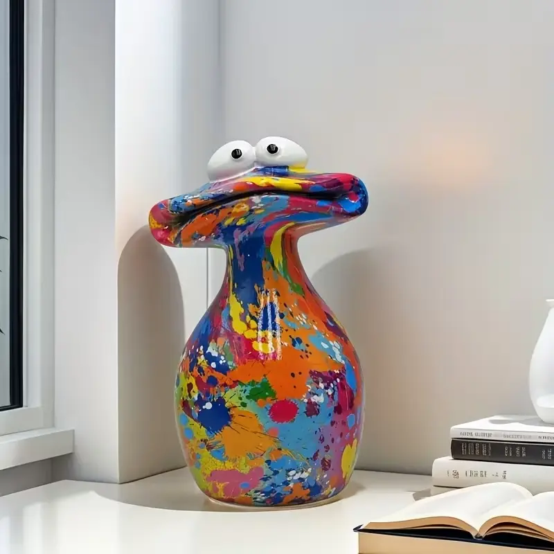 Colorful Large-Mouth Frog Resin Art Decoration, Vibrant Splatter-Paint Figurine with Expressive Eyes and Sharp Teeth, Fun Decor for Bookshelf, Living Room, Office or Garden